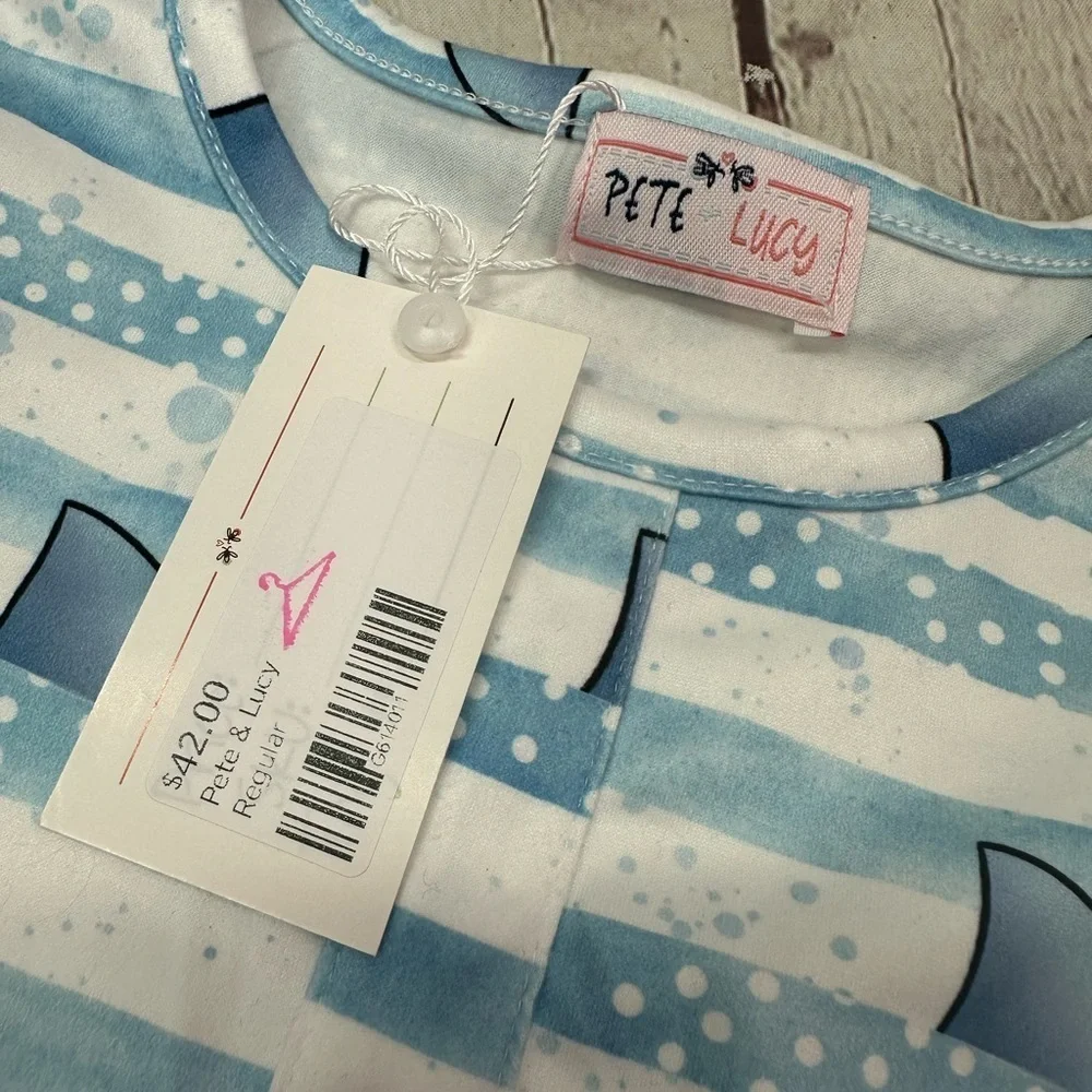 Pete & Lucy NWT boutique Blue White Striped Nautical Bodysuit sharks sz 12-18M